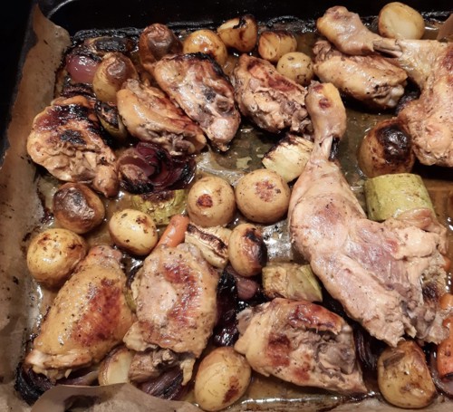 Chicken, veg and potato tray bake after cooking